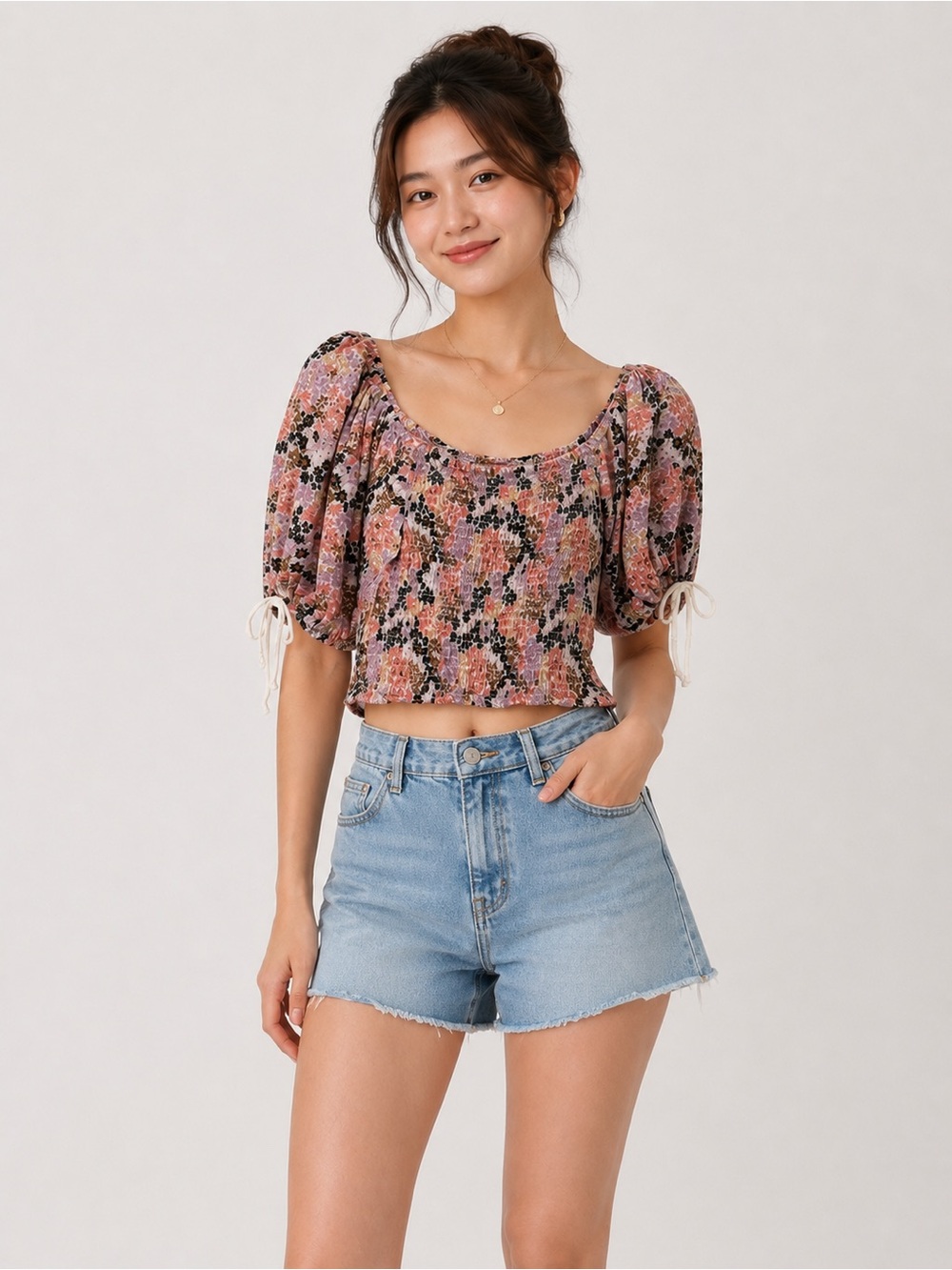 Free People Smocked Floral Puff Sleeve Crop Top